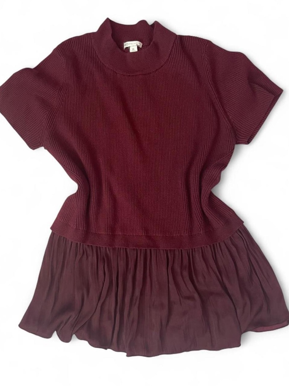 Short Sleeve Knit Top with Pleated Hem - Wine